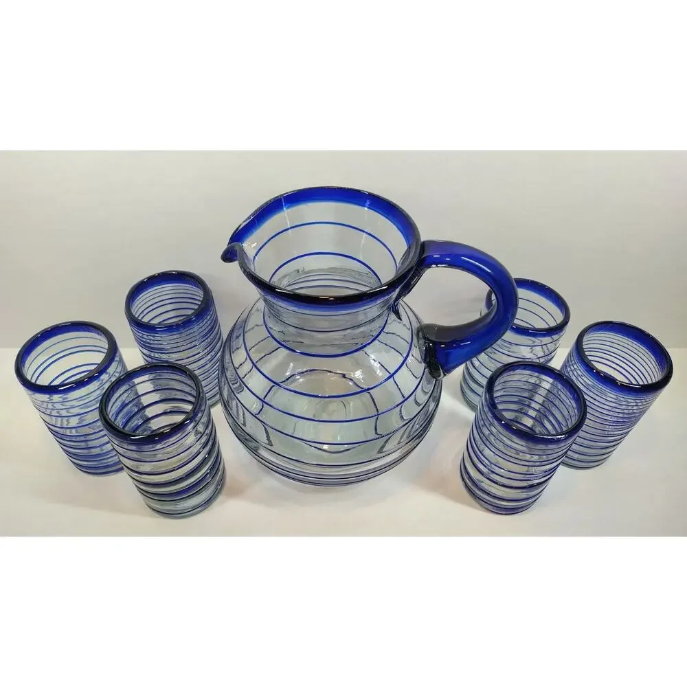 Hand Blown Cobalt & Clear Glass Swirl Pitcher & Glasses 7 Pc Set Made in Mexico